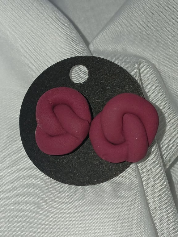  Deep Berry Red Polymer Clay Knot Stud Earrings, Matte Minimalist Post Earrings