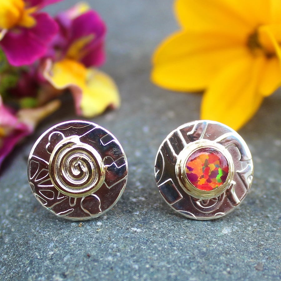 Handmade swirl ear studs, sterling silver with a red opal triplet, asymmetrical