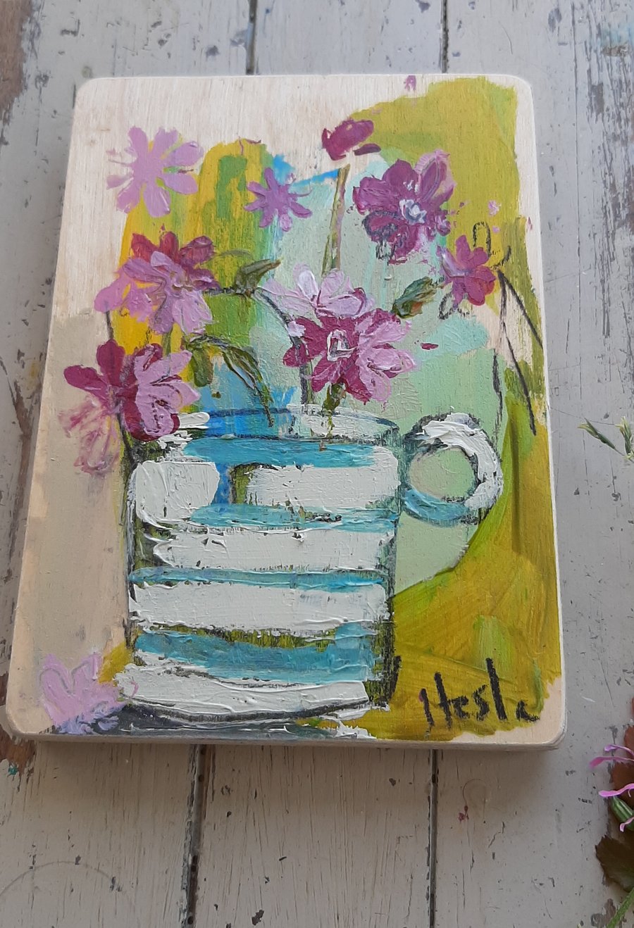 Contemporary still life flower painting on reclaimed wood.