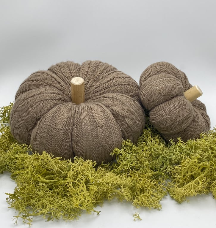  Set of 2 Taupe Cable Knit Decorative Fabric Pumpkin Autumn Fall Halloween Decor
