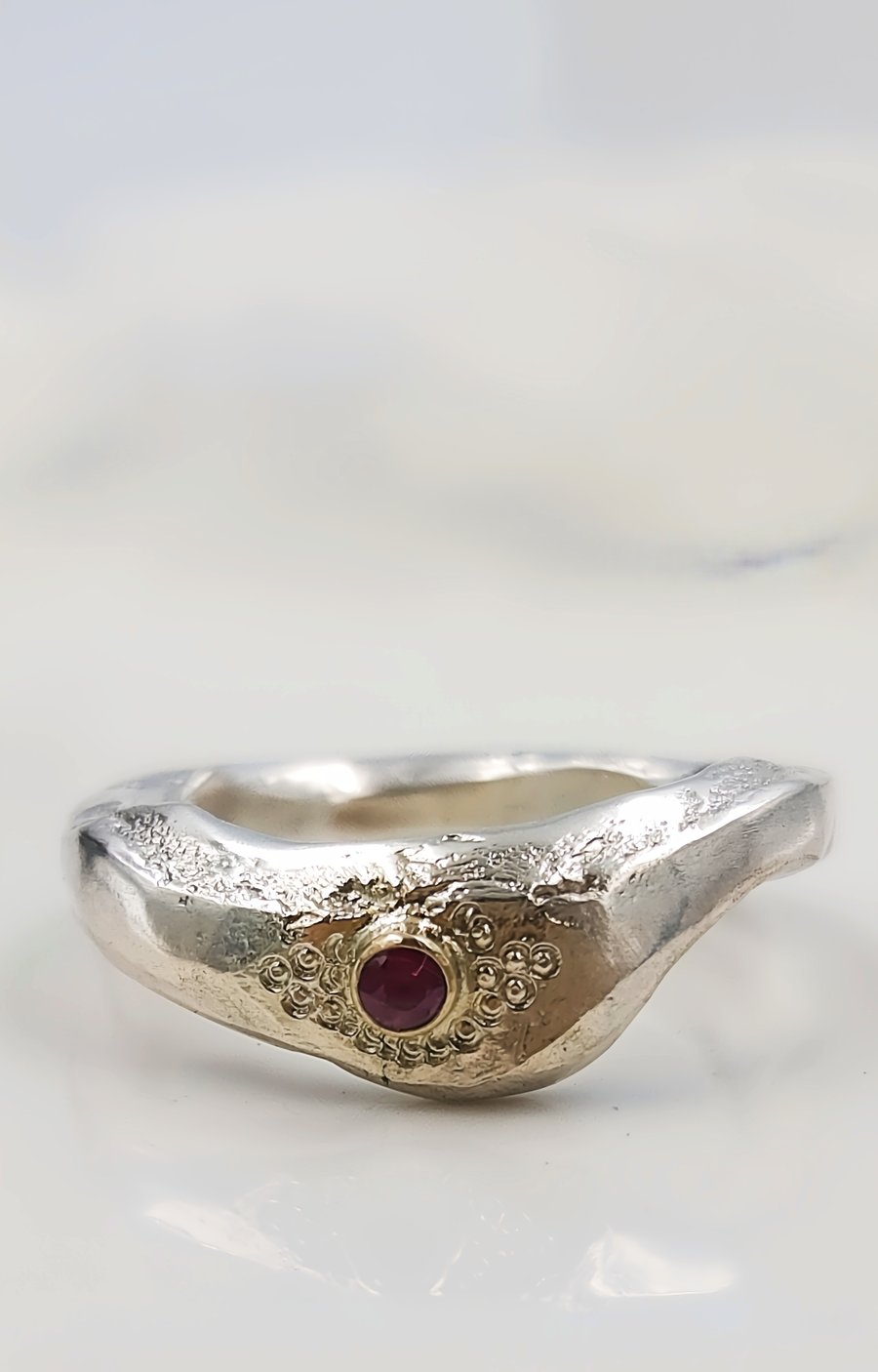 Hand Forged Sterling Silver Ring - Molten Texture, Ruby & 14k Gold