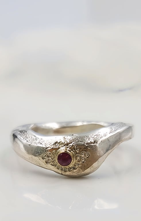 Hand Forged Sterling Silver Ring - Molten Texture, Ruby & 14k Gold