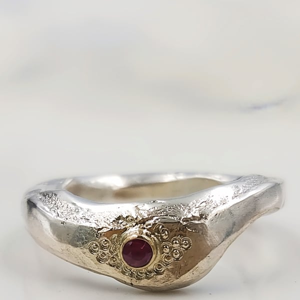 Hand Forged Sterling Silver Ring - Molten Texture, Ruby & 14k Gold