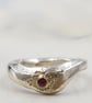 Hand Forged Sterling Silver Ring - Molten Texture, Ruby & 14k Gold
