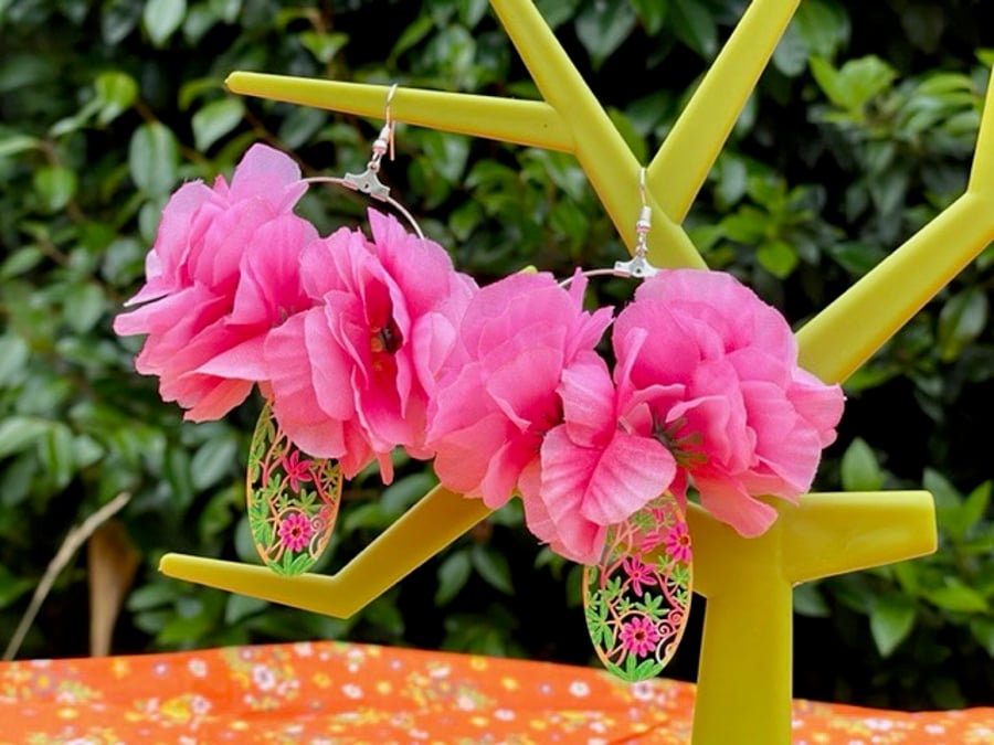 PINK FLORAL HOOP EARRINGS creole neon trend filigree neon green. hot pink