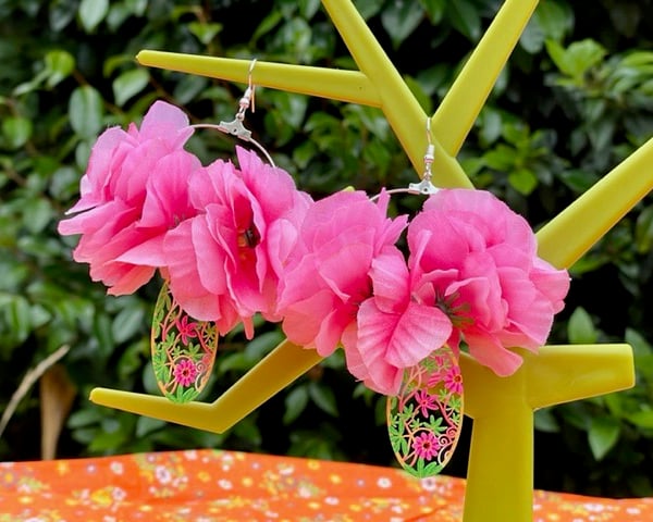 PINK FLORAL HOOP EARRINGS creole neon trend filigree neon green. hot pink