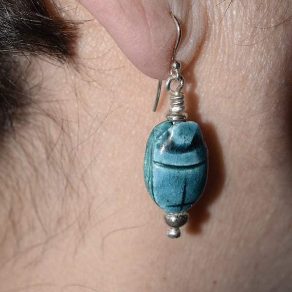 Egyptian Scarab Drop Earrings in Sterling Silver