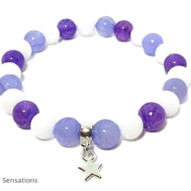 Purple Jade, Snow White Agate & Silver Star Charm Beaded Fashion Bracelet