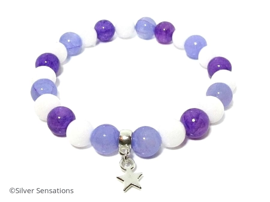 Purple Jade, Snow White Agate & Silver Star Charm Beaded Fashion Bracelet