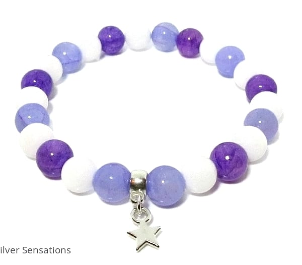 Purple Jade, Snow White Agate & Silver Star Charm Beaded Fashion Bracelet