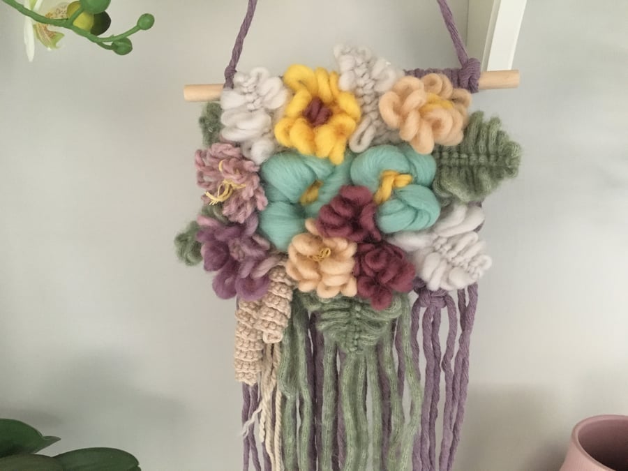 Floral textile macraweave wall hanging, textile art, nursery decor 