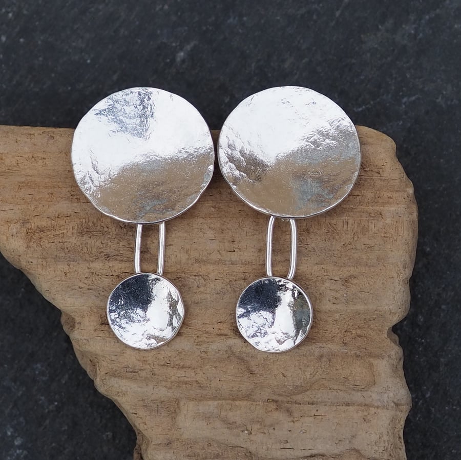 Earrings, Hallmarked Large Silver Disc Dangle Stud Earrings, Handmade ARC