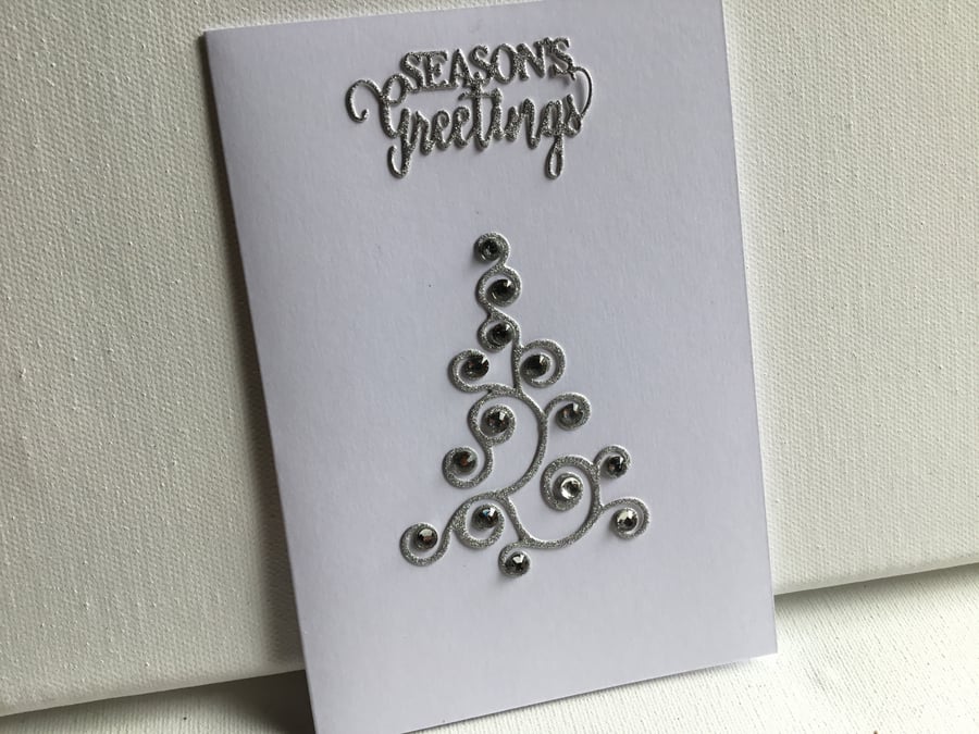 Silver swirl Christmas tree card. CC598