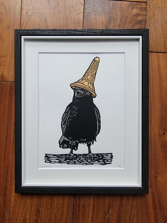 Lord Neapolitan - handmade original linocut crow wearing an ice cream cone hat b