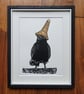 Lord Neapolitan - handmade original linocut crow wearing an ice cream cone hat b