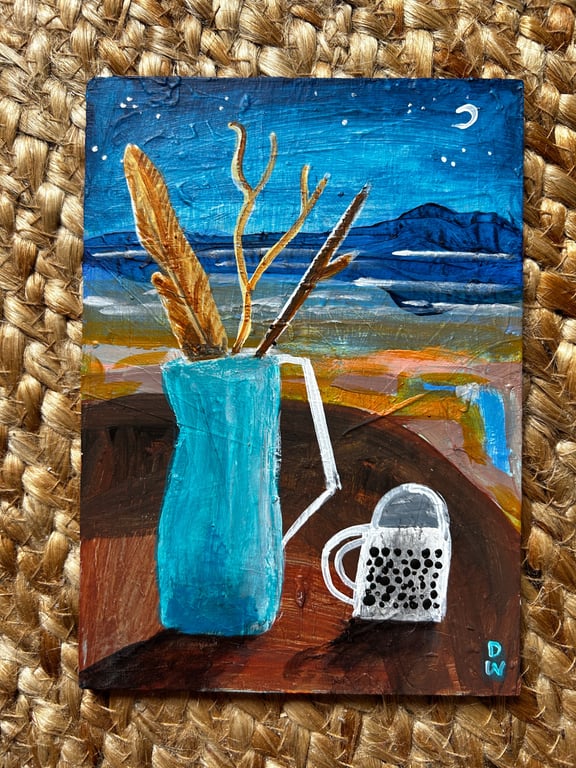 Original art still life autumn seaside on wood
