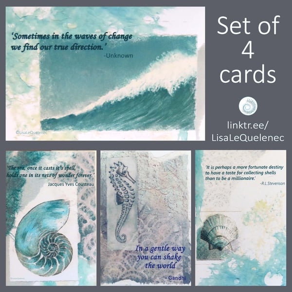 Inspirational quote cards set  four notelets coastal images bundle plastic free