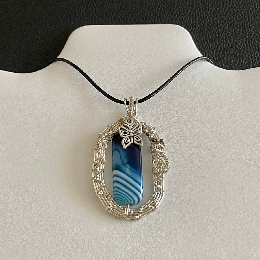 Blue Banded Agate Pendant with Butterfly Charm