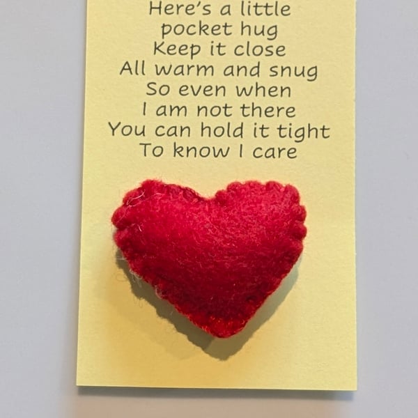 Handmade handsewn felt mini heart shaped pocket hug red