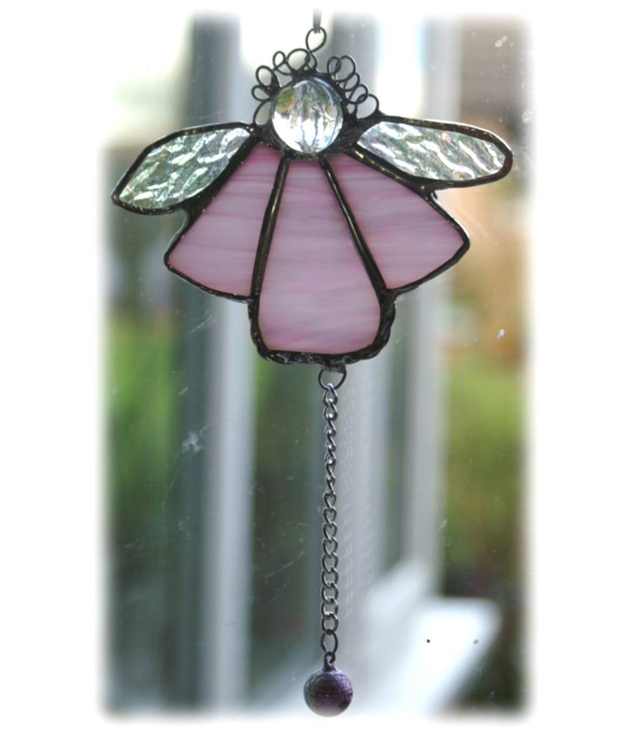 SOLD Angel Bell Suncatcher Stained Glass Shiny Pink