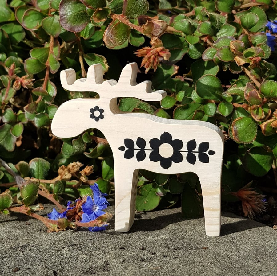 Black Scandi Dala Moose Flowerful Ornament Handmade Wooden Hygge Decor