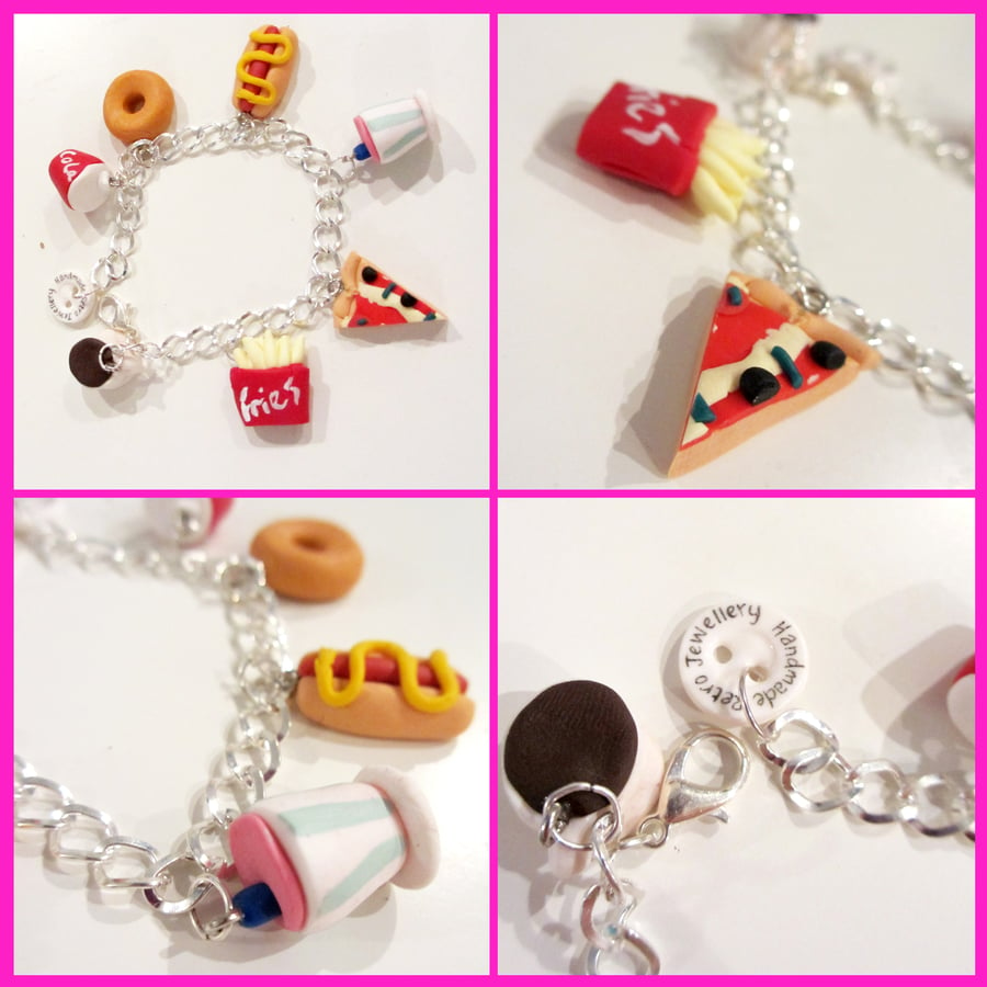 Retro Diner themed charm bracelet, quirky, fun, gift, handmade, unique, novel