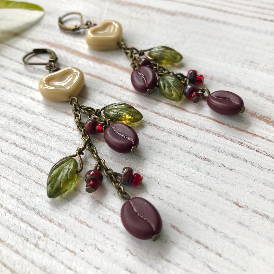 Coffee Lover Dangle Earrings, Czech Glass Coffee Bean Earrings, Gift