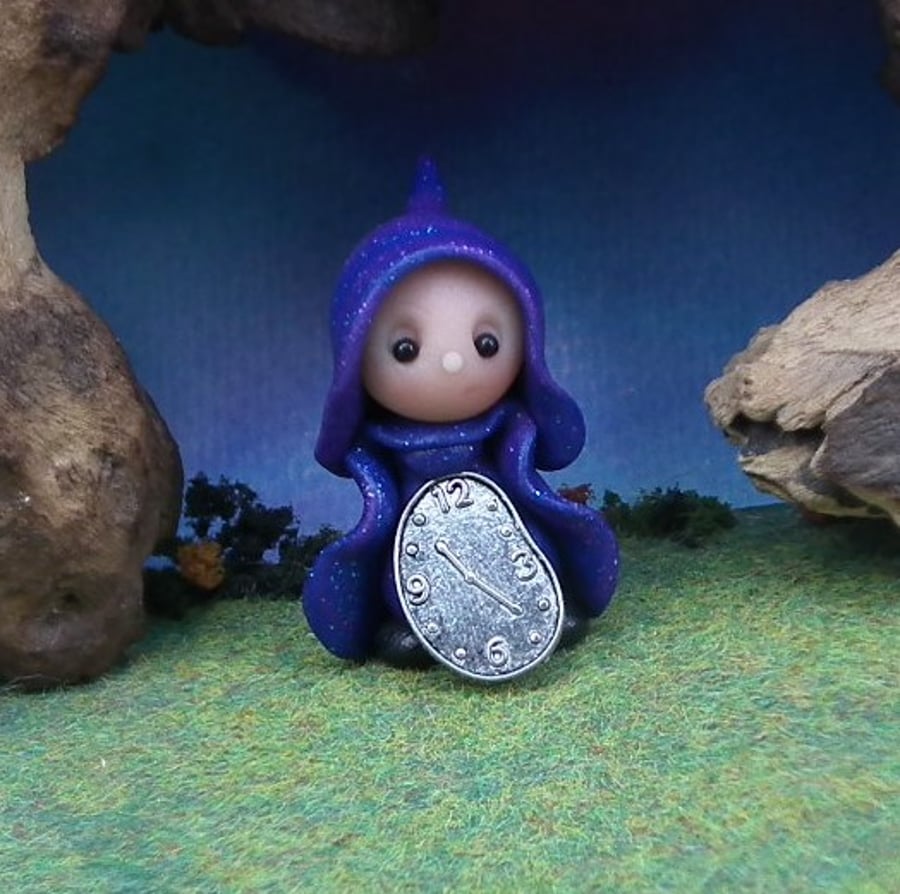 Tiny Keeper of Time Gnome 'Nell' with clock 1.5" OOAK Sculpt by Ann Galvin