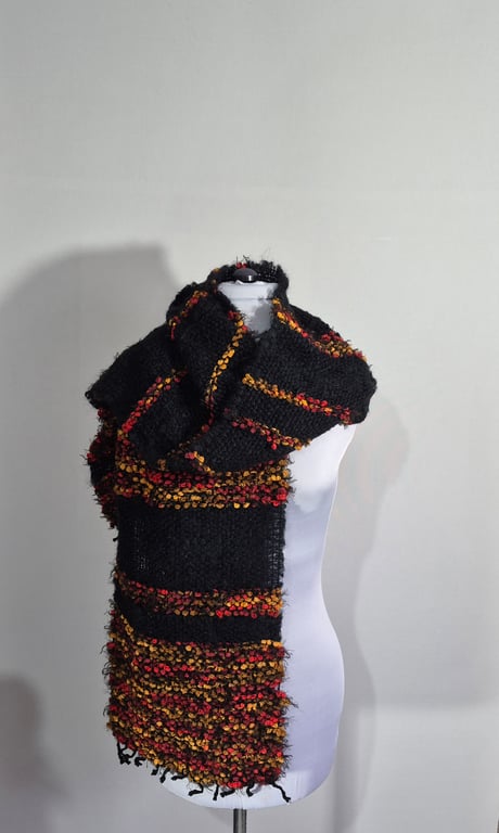 27.Handwoven Black Faux Mohair with Red and Orange Textured Art Yarn Long Scarf.