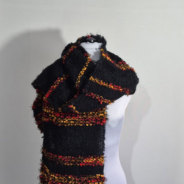 27.Handwoven Black Faux Mohair with Red and Orange Textured Art Yarn Long Scarf.