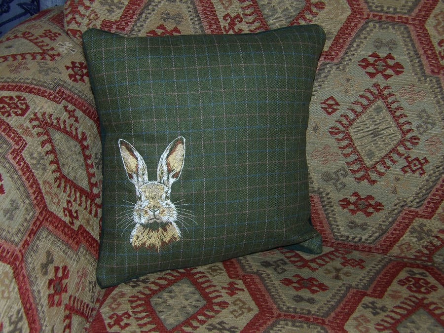 Hare embroidered on Tweed cushion cover fits 16" pad 
