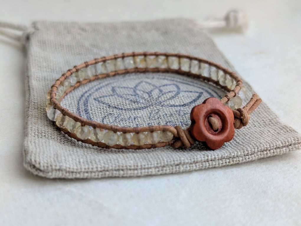 Leather and citrine bracelet with wooden flower button, November birthstone 
