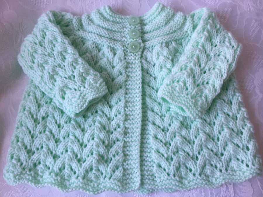 Hand Knitted Mint Green  Matinee Cardigan will fit 0-3 mths