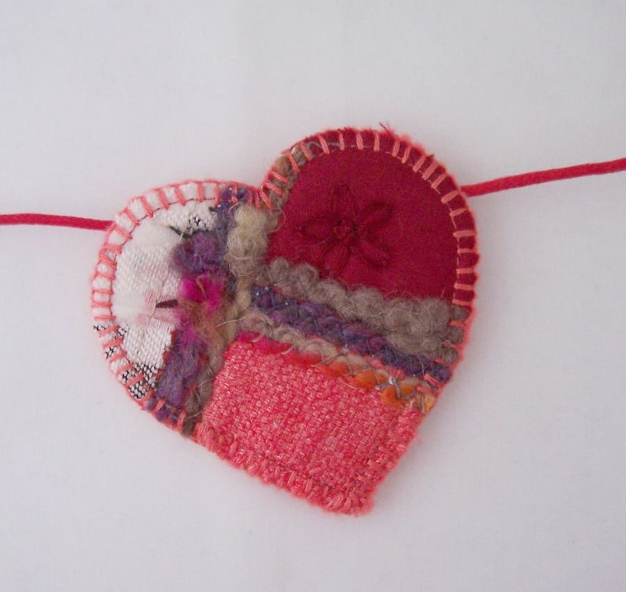 Embroidered love heart textile necklace with adjustable cord