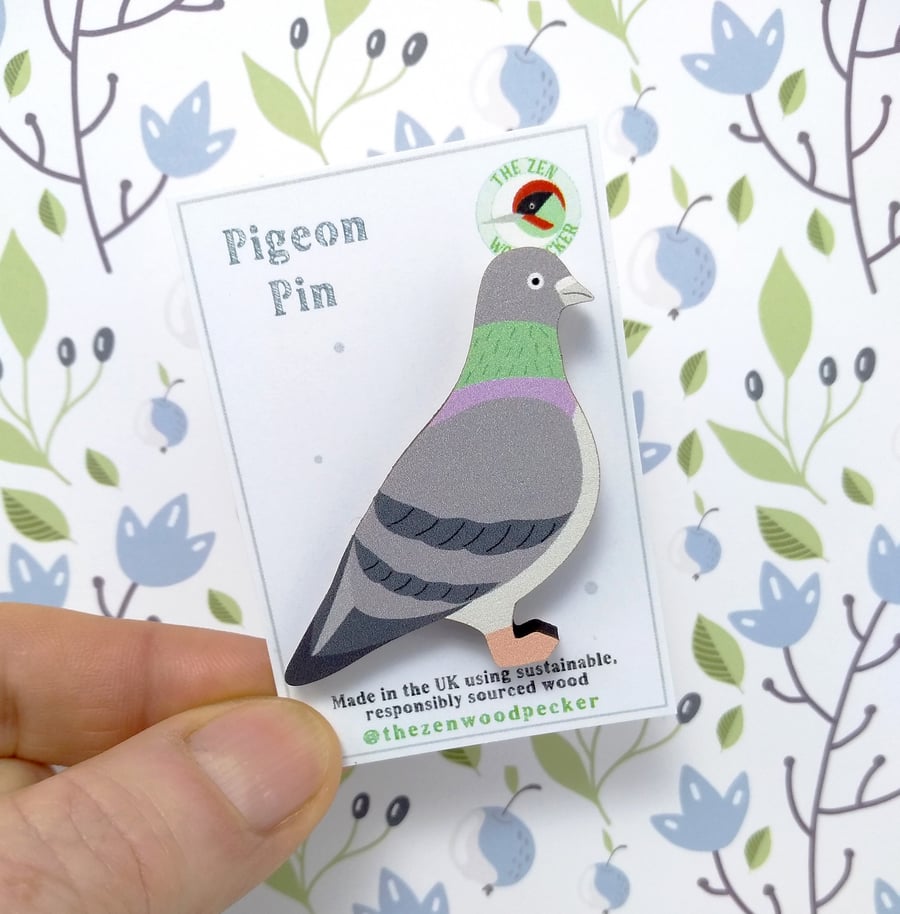 Pigeon Pin Badge, Wooden Bird Brooch, Garden Birds, Urban Birds