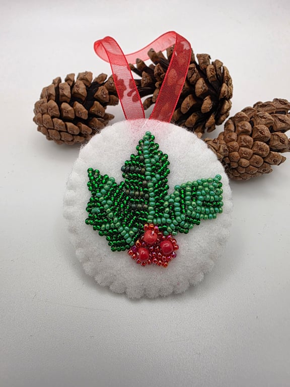 Holly Christmas decorations with bead embroidery 