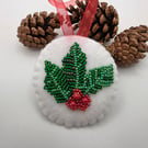 Holly Christmas decorations with bead embroidery 