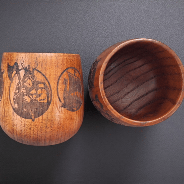 Handcrafted Viking Wooden Cups - Laser Engraved Mead & Whisky Drinking Mug