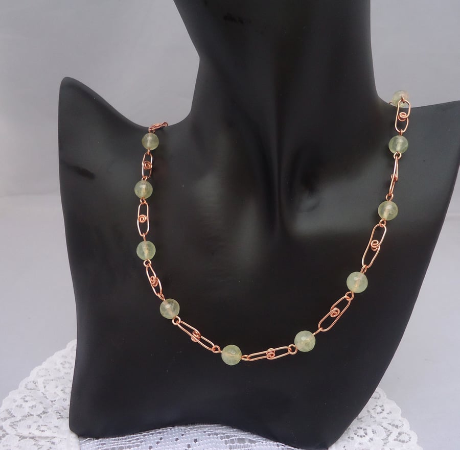 Pale Green Quartz Necklace, Link Chain Necklace, Quartz and Copper Necklace