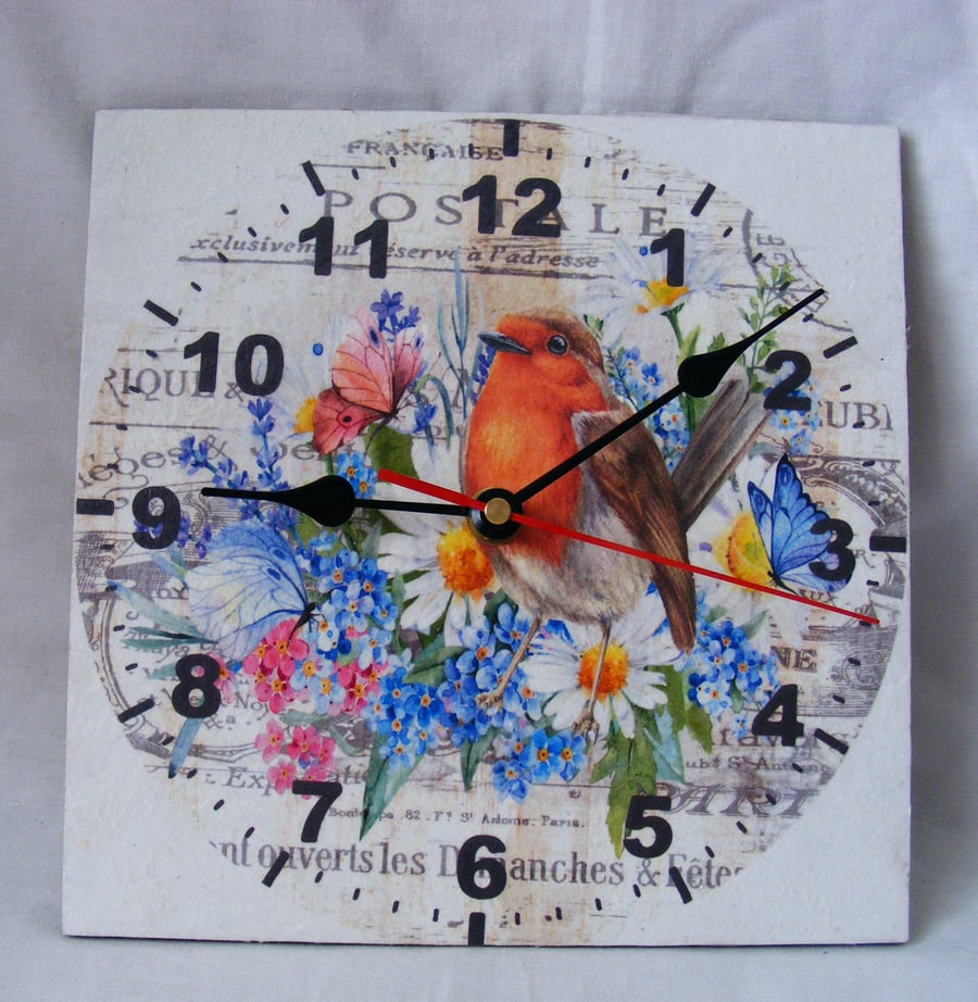 Decoupaged Wooden Robin wall clock.