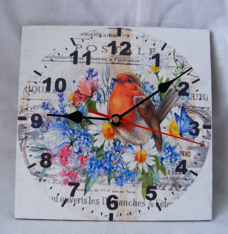 Decoupaged Wooden Robin wall clock.