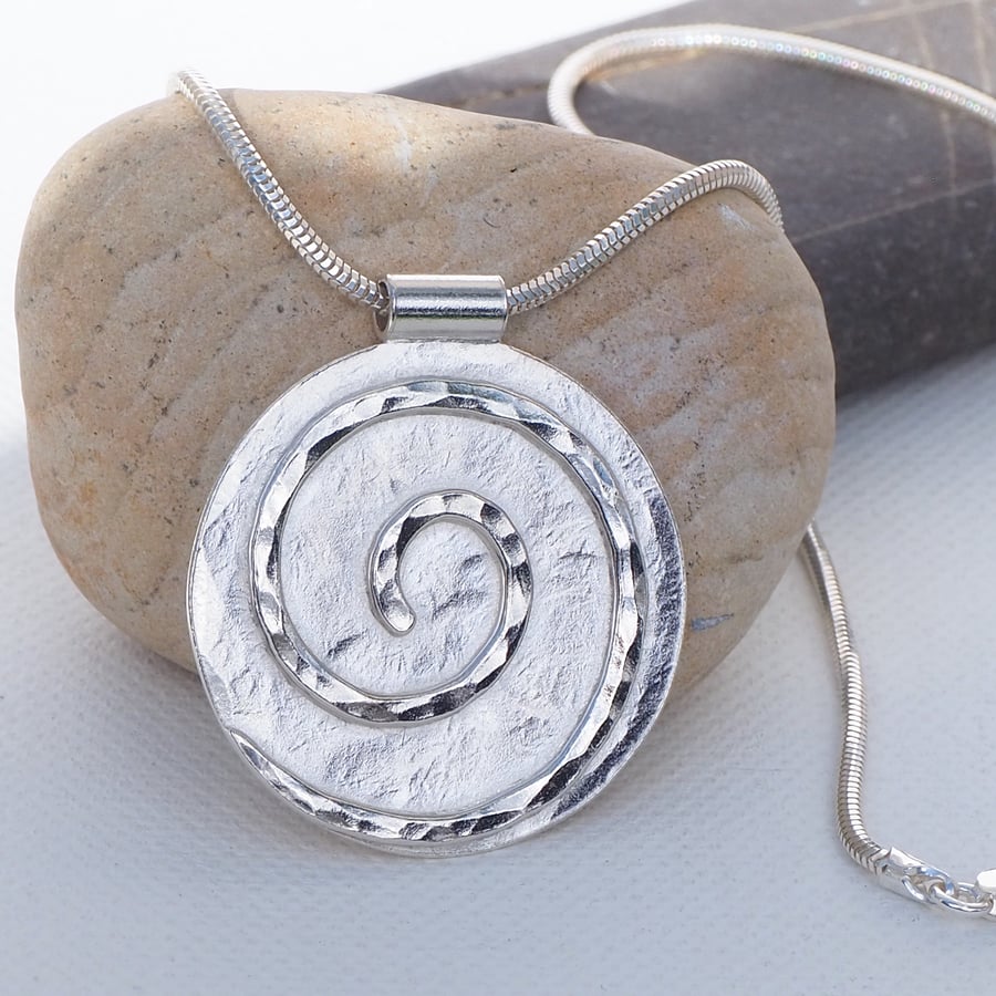 Silver Spiral Pendant, Hallmarked Disc Pendant
