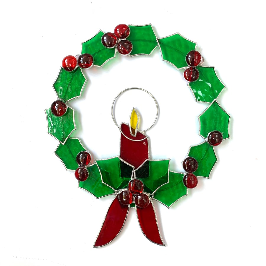 Stained Glass Holly Wreath with Candle - Handmade Window Decoration - Med Green