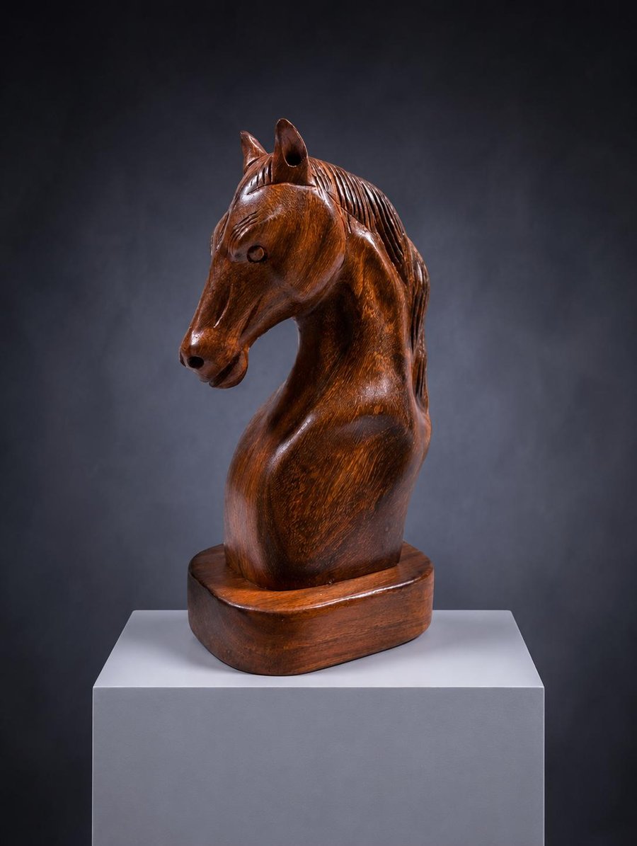 Hand Carved Wooden Horse Head Sculpture - Rustic Handmade Horse Ornament