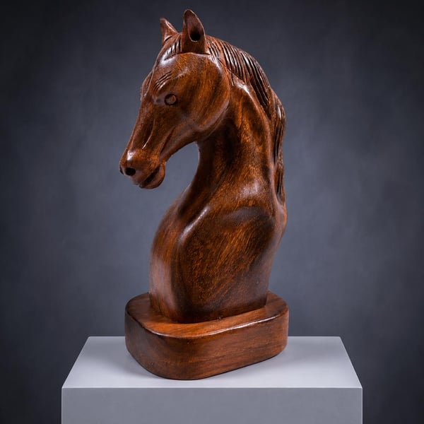 Hand Carved Wooden Horse Head Sculpture - Rustic Handmade Horse Ornament
