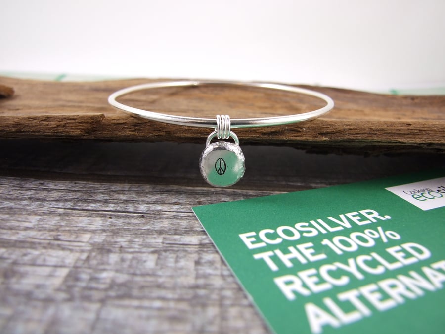 Recycled Sterling Silver Peace Charm Bangle