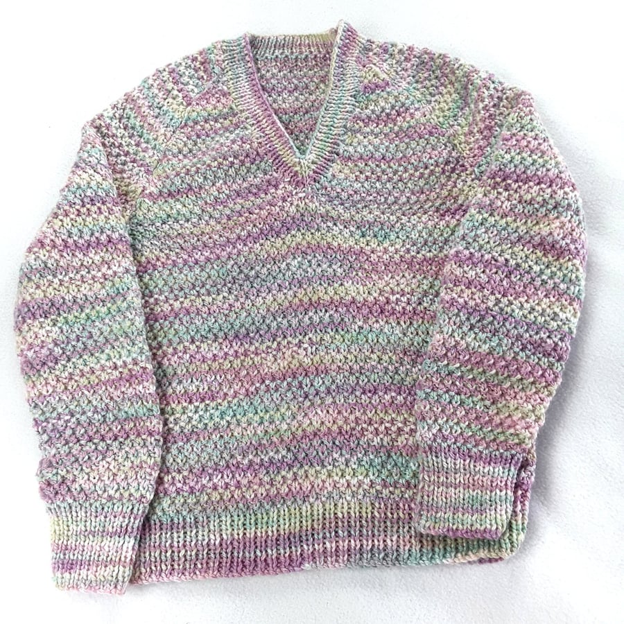 Hand knitted baby girls mauve green jumper 1 - 2 years 22 inch chest - knitted 