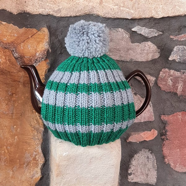 Large Tea Cosy, Brown Betty Compatible, Hand Knitted, Green & Silver Stripes