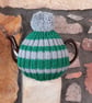 Large Tea Cosy, Brown Betty Compatible, Hand Knitted, Green & Silver Stripes - Image 1