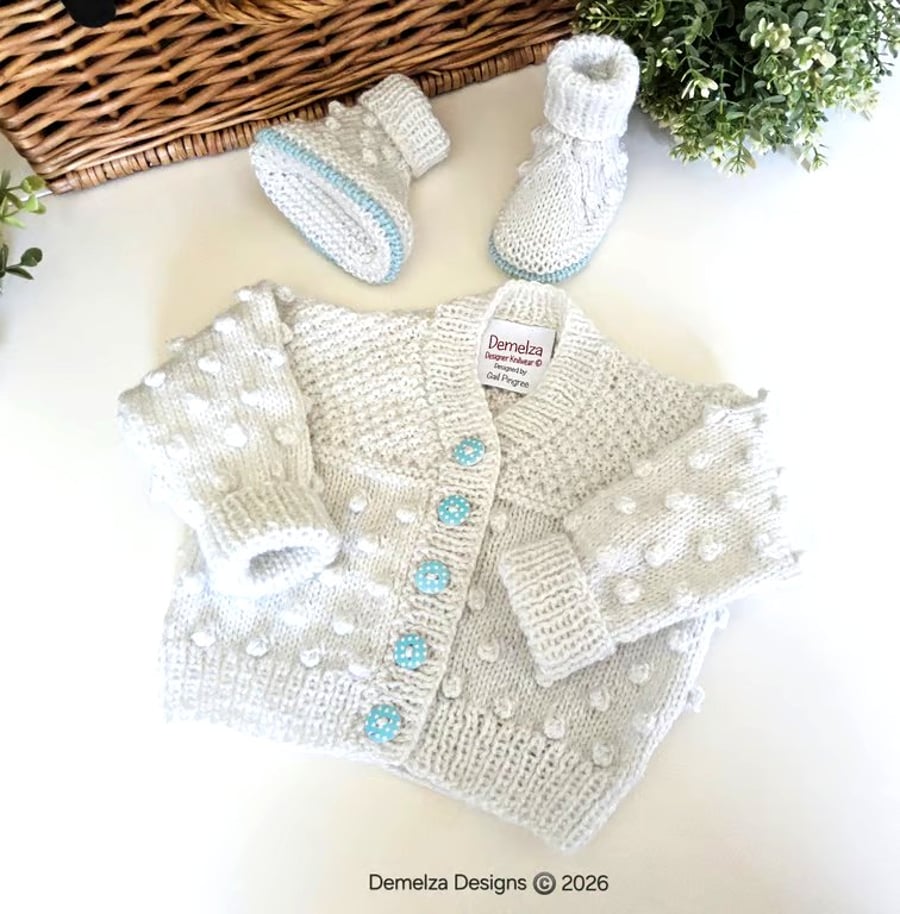 Hand Knitted  Baby Boy's Bobble Cardigan Set with Merino Wool 3-6 months 